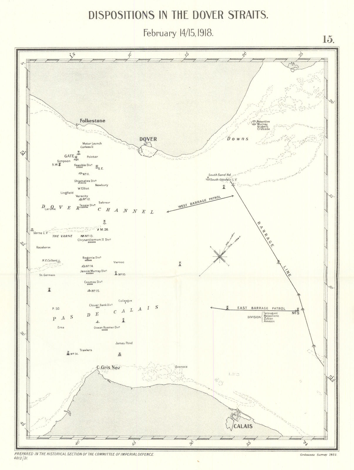 14-15 Feb 1918 Dover Straits Action. German Raid Naval dispositions WW1 1931 map